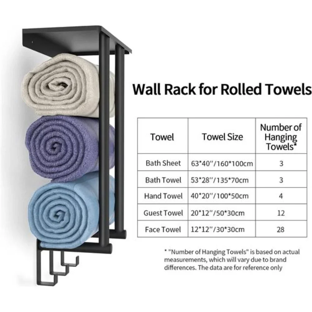 Towel Rack with Metal Shelf and 3 Hooks (63x40 inch) of Rolled Towels, Black